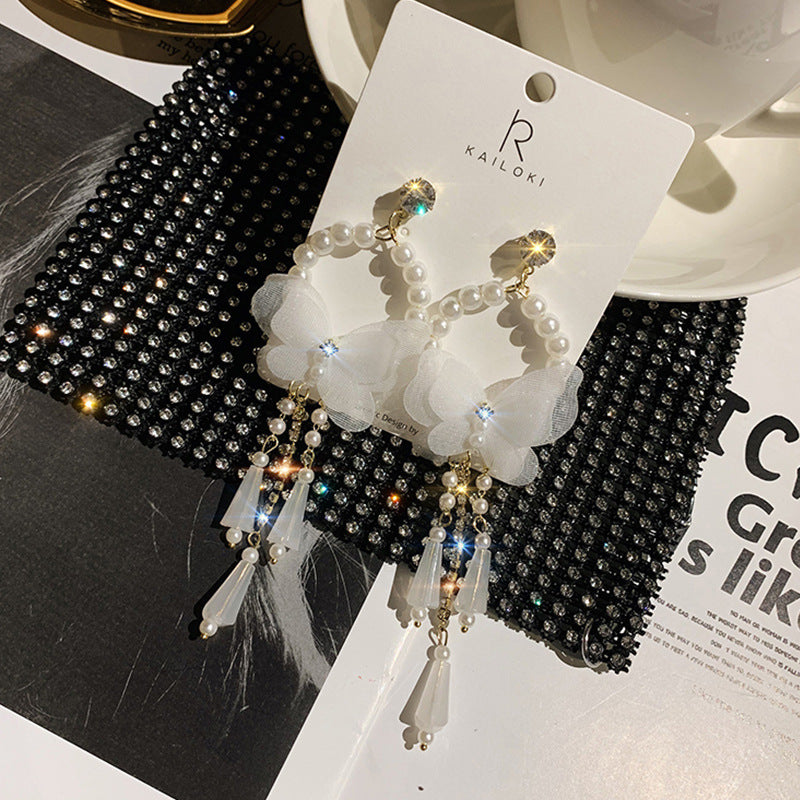 Pearl Earrings Mesh Tassel Butterfly Stud Earrings MIC-QianC006