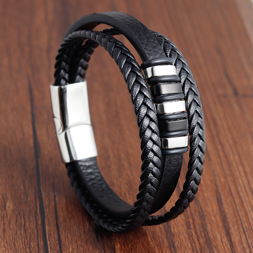 Bracelet Stainless Steel Leather Woven OuSD001