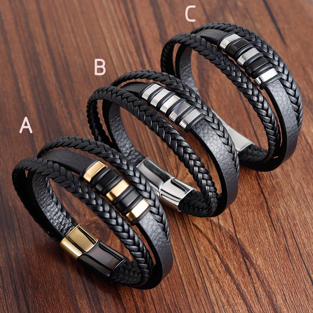 Bracelet Stainless Steel Leather Woven OuSD001