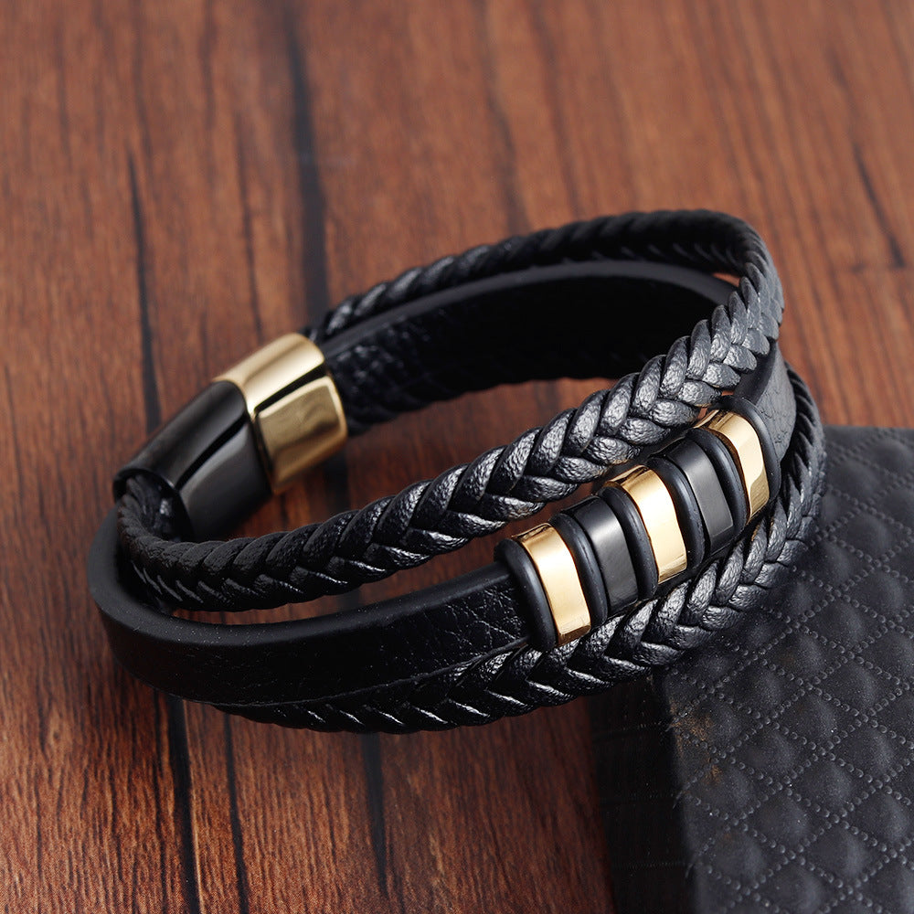 Bracelet Stainless Steel Leather Woven OuSD001