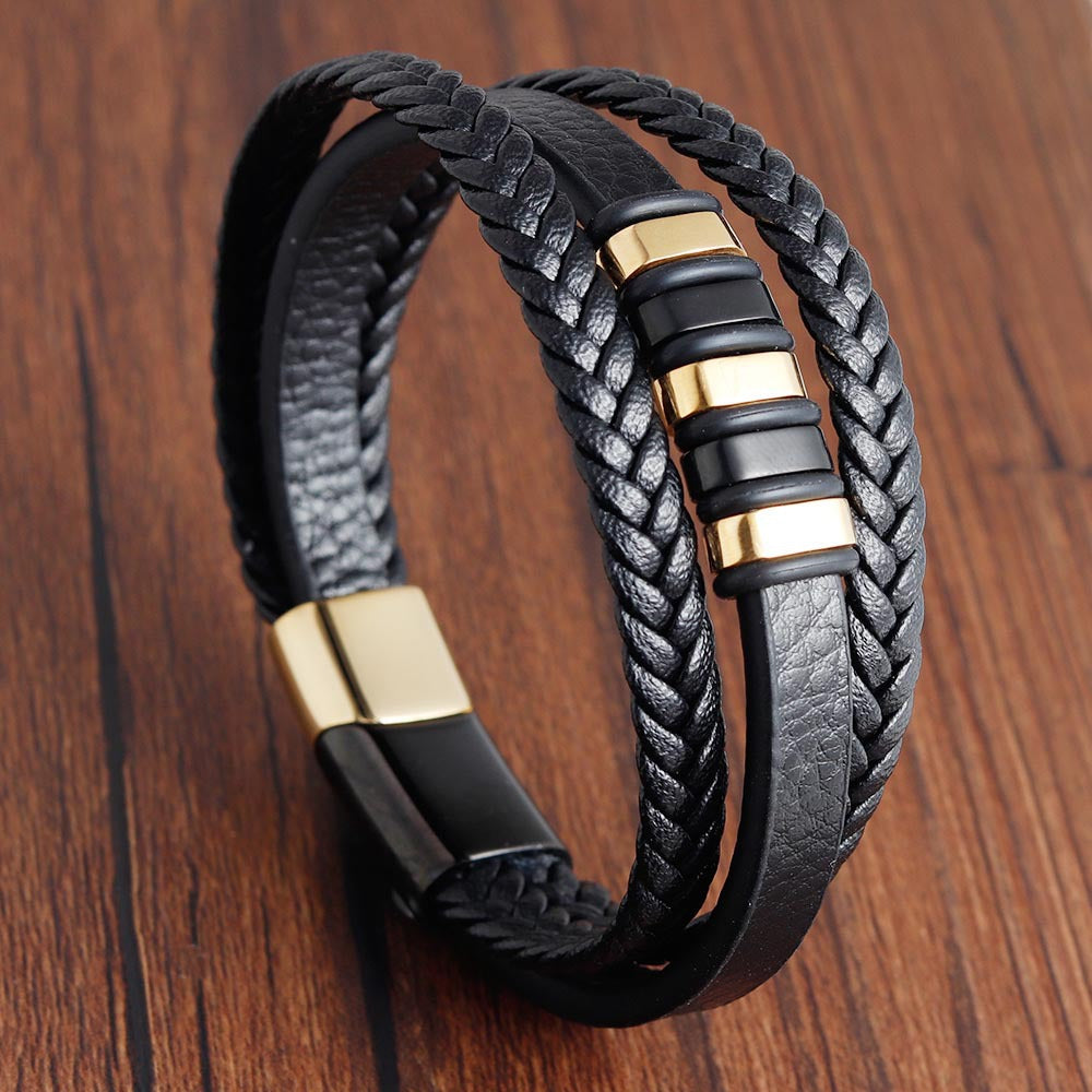 Bracelet Stainless Steel Leather Woven OuSD001