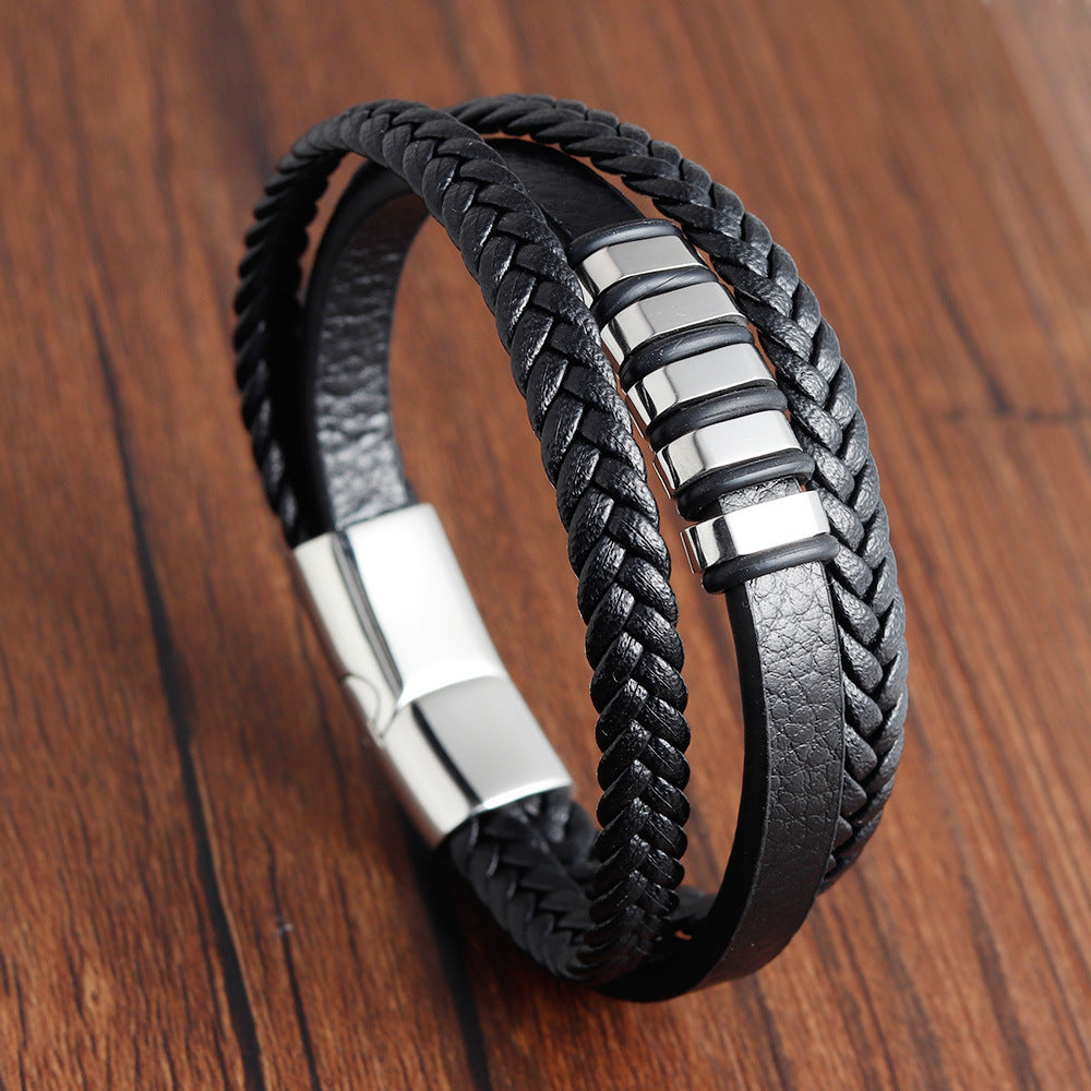 Bracelet Stainless Steel Leather Woven OuSD001