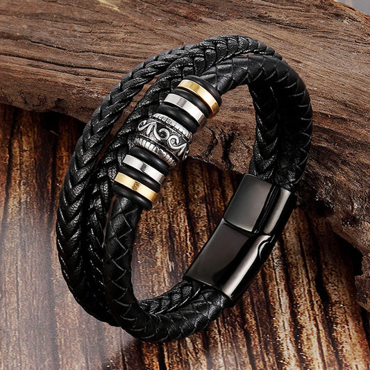 Bracelet Stainless Steel Genuine Leather Woven Multilayer OuSD004