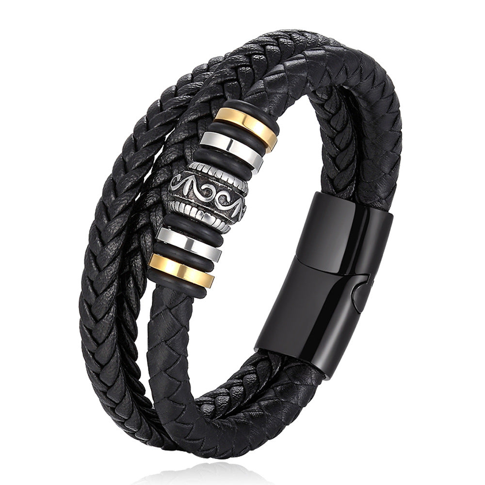 Bracelet Stainless Steel Genuine Leather Woven Multilayer OuSD004