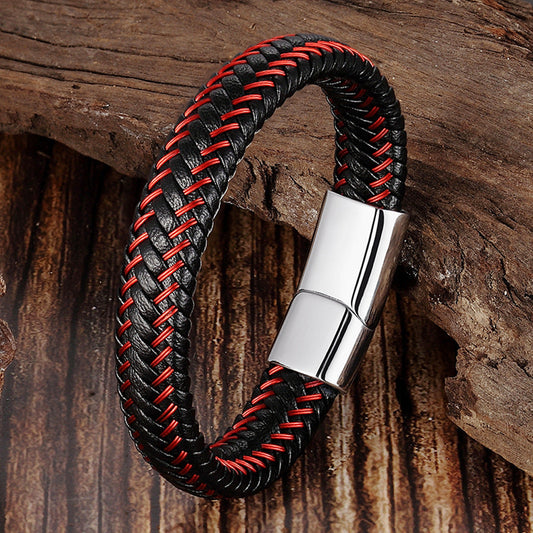 Bracelet Stainless Steel Genuine Leather Bracelet Red Bracelet OuSD010