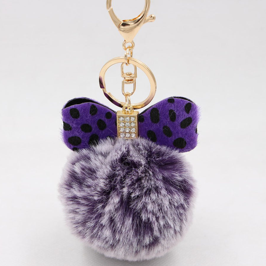 Leopard Print Bow Imitation Rex Rabbit Fur Ball Alloy Pom Pom Keychain MIC-Zuge010