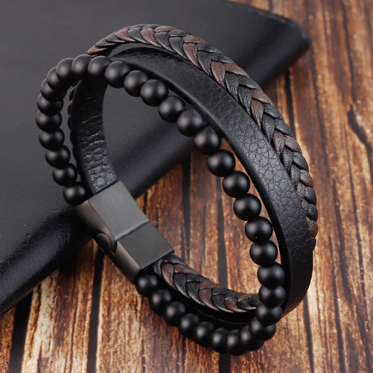 Bracelet Stainless Steel Leather Woven Natural Stone OuSD003