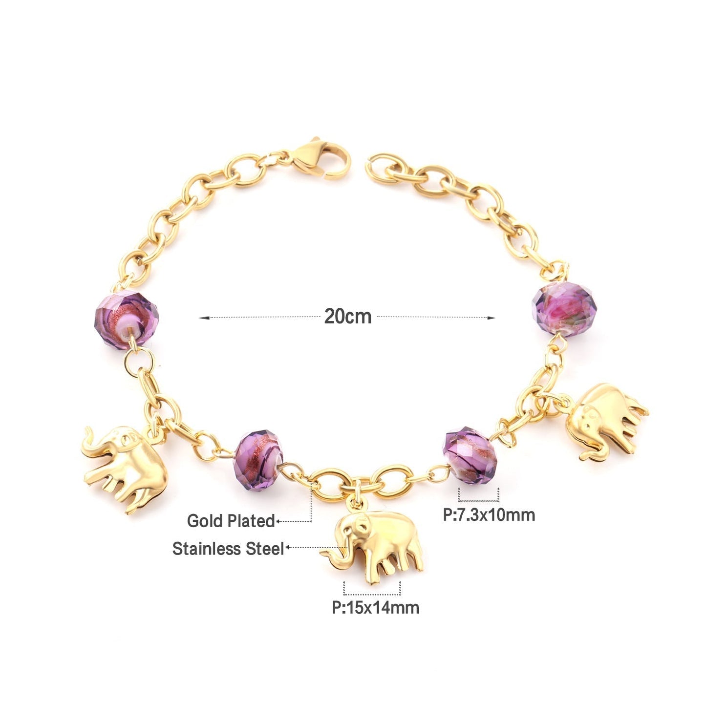 Bracelet Stainless Steel Elephant Pendant Purple Beads Minimo de compra 3 AiS008