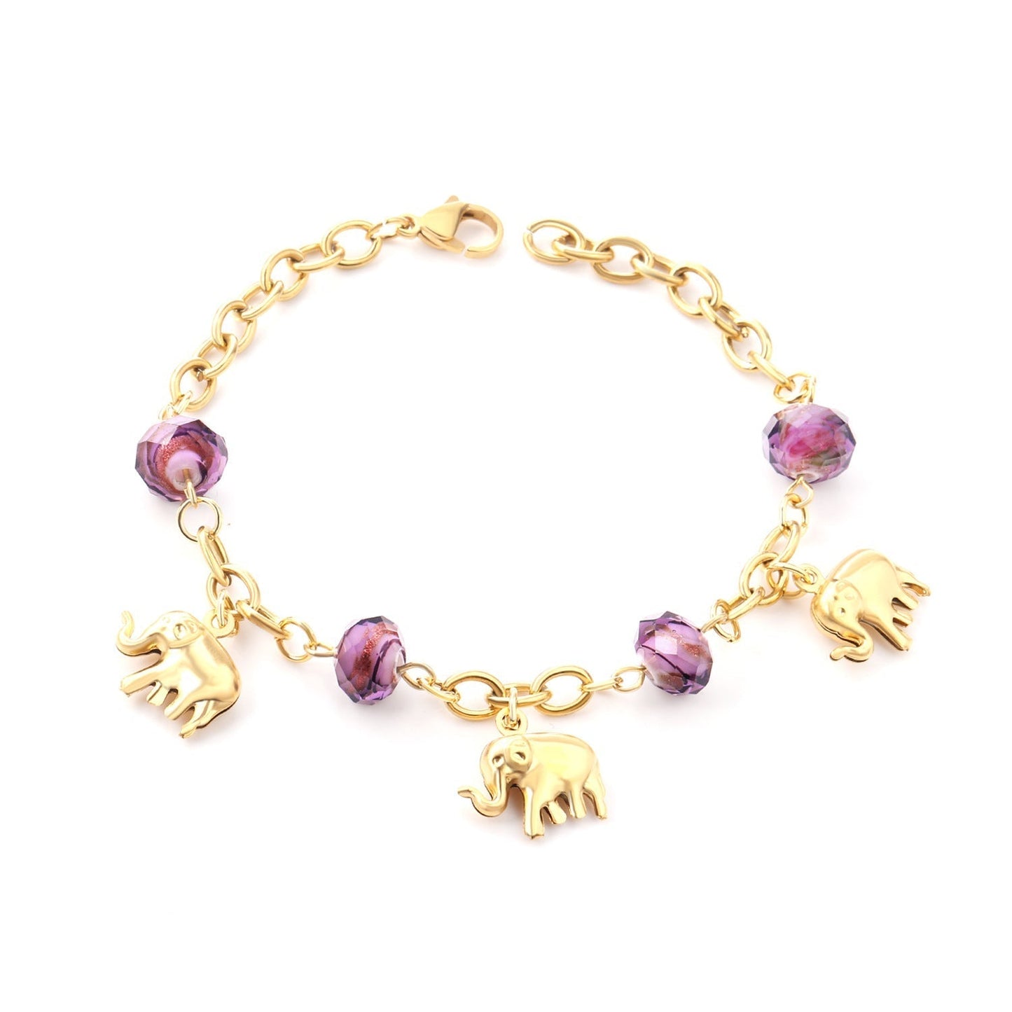 Bracelet Stainless Steel Elephant Pendant Purple Beads Minimo de compra 3 AiS008