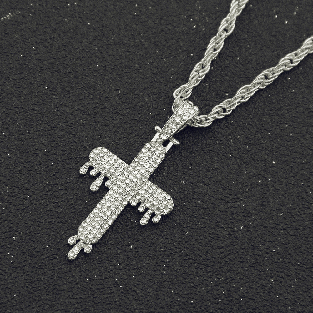 Alloy diamond embellished droplet shaped cross necklace MIC-ShangH008