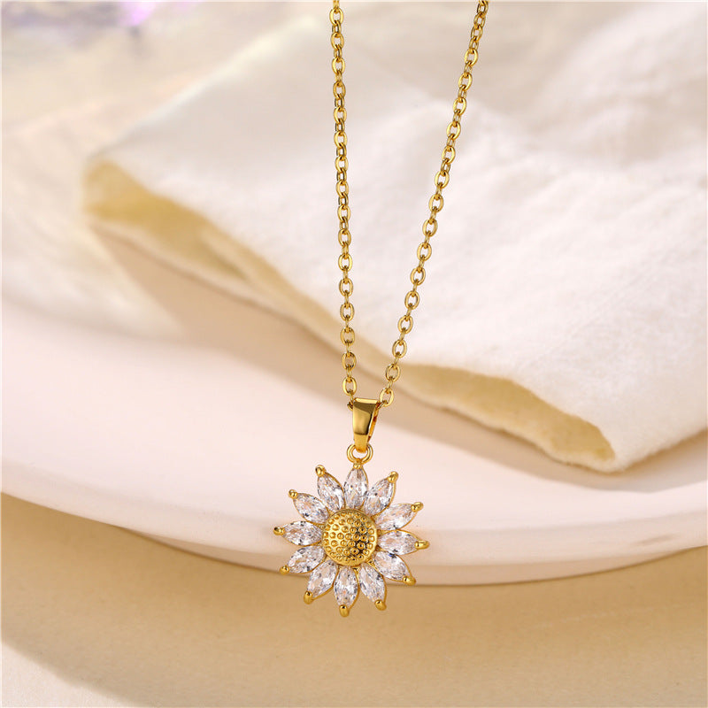 Necklace Stainless Steel Zircon Sunflower Collar Chain QingR001