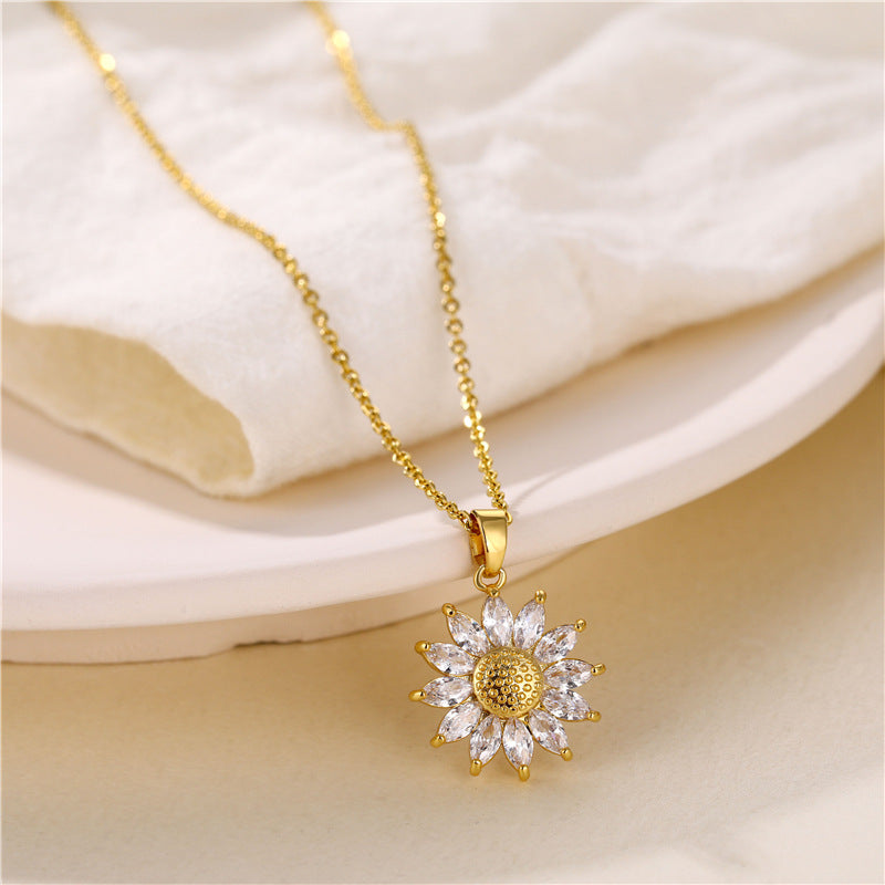 Necklace Stainless Steel Zircon Sunflower Collar Chain QingR001