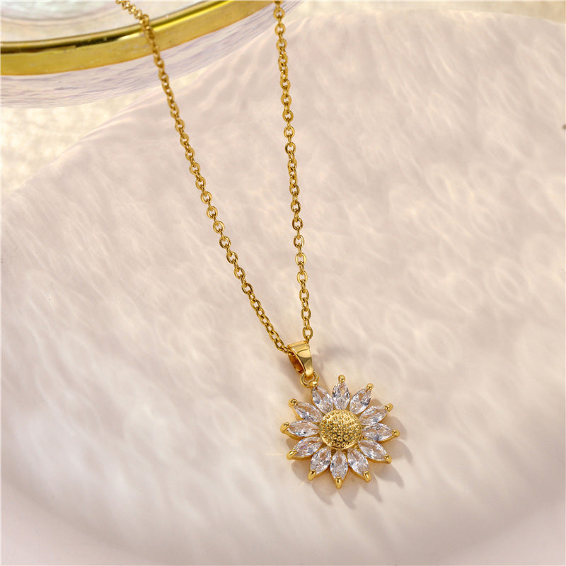 Necklace Stainless Steel Zircon Sunflower Collar Chain QingR001