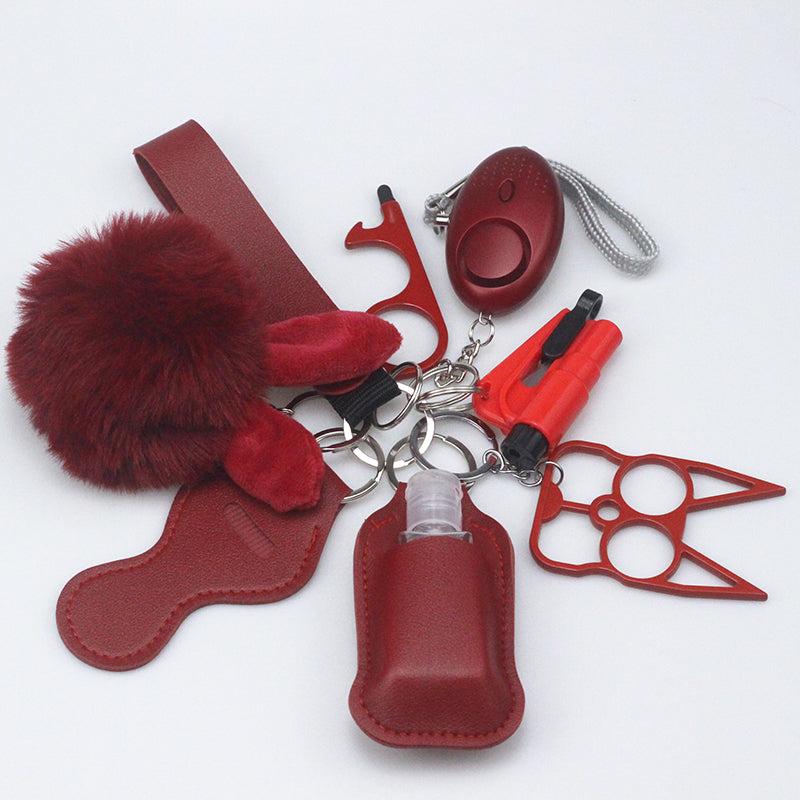 7pcs PU Leather Rabbit Ears Fur Ball Keychain Set MOQ≥2 ChaoH011