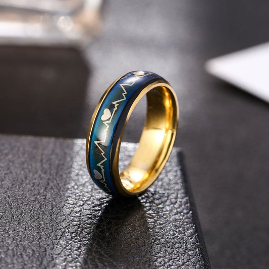 Ring Stainless Steel Thermochromic Mood EKG Men's Ring RuiH001