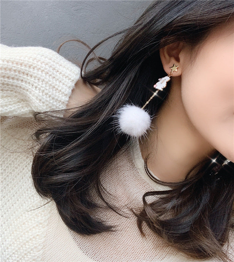 Earrings Alloy Mink Fur Ball Bow Knot Pentagram Rabbit Tql016