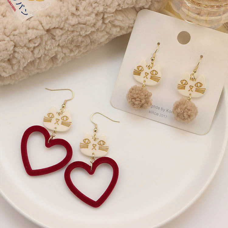 Alloy Wine Red Peach Heart Cat Earrings MIC-QingJ056