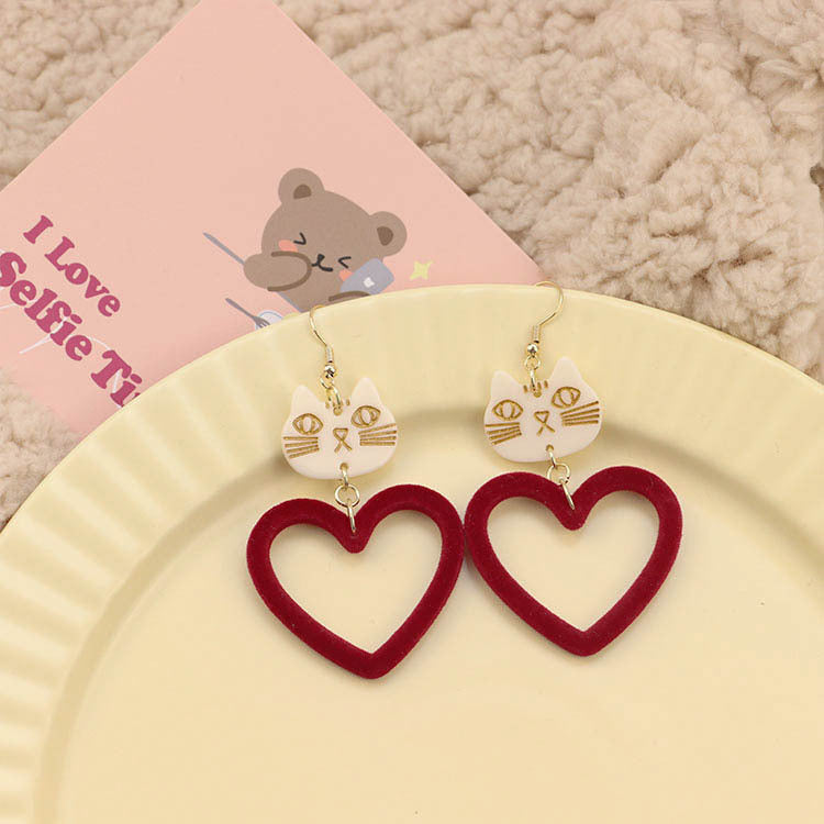 Alloy Wine Red Peach Heart Cat Earrings MIC-QingJ056