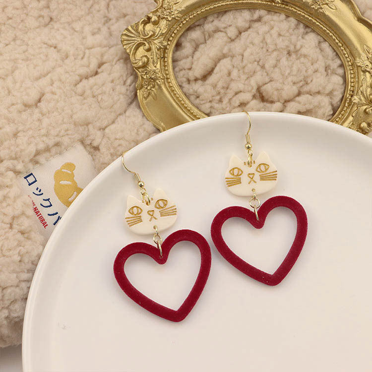 Alloy Wine Red Peach Heart Cat Earrings MIC-QingJ056