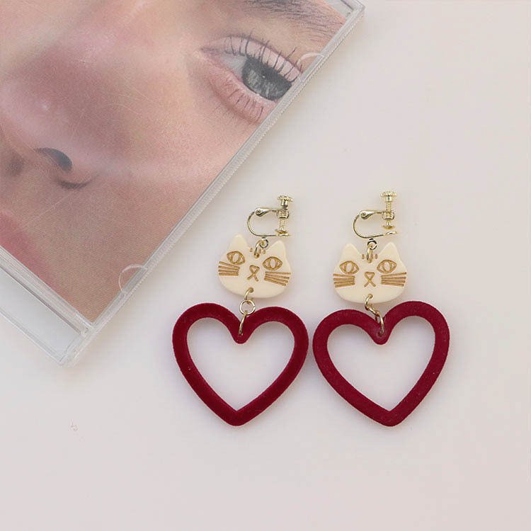 Alloy Wine Red Peach Heart Cat Earrings MIC-QingJ056