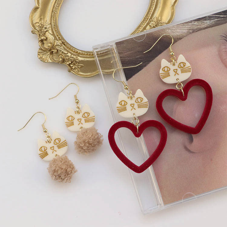 Alloy Wine Red Peach Heart Cat Earrings MIC-QingJ056