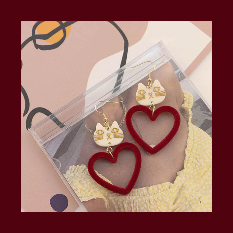 Alloy Wine Red Peach Heart Cat Earrings MIC-QingJ056