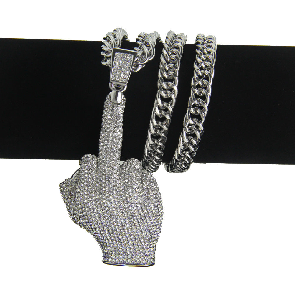 Alloy Diamond Hip Hop Vertical Middle Finger Necklace MYA-ShangH006