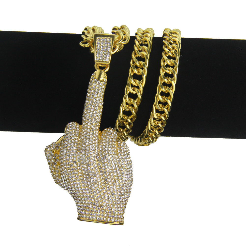 Alloy Diamond Hip Hop Vertical Middle Finger Necklace MYA-ShangH006