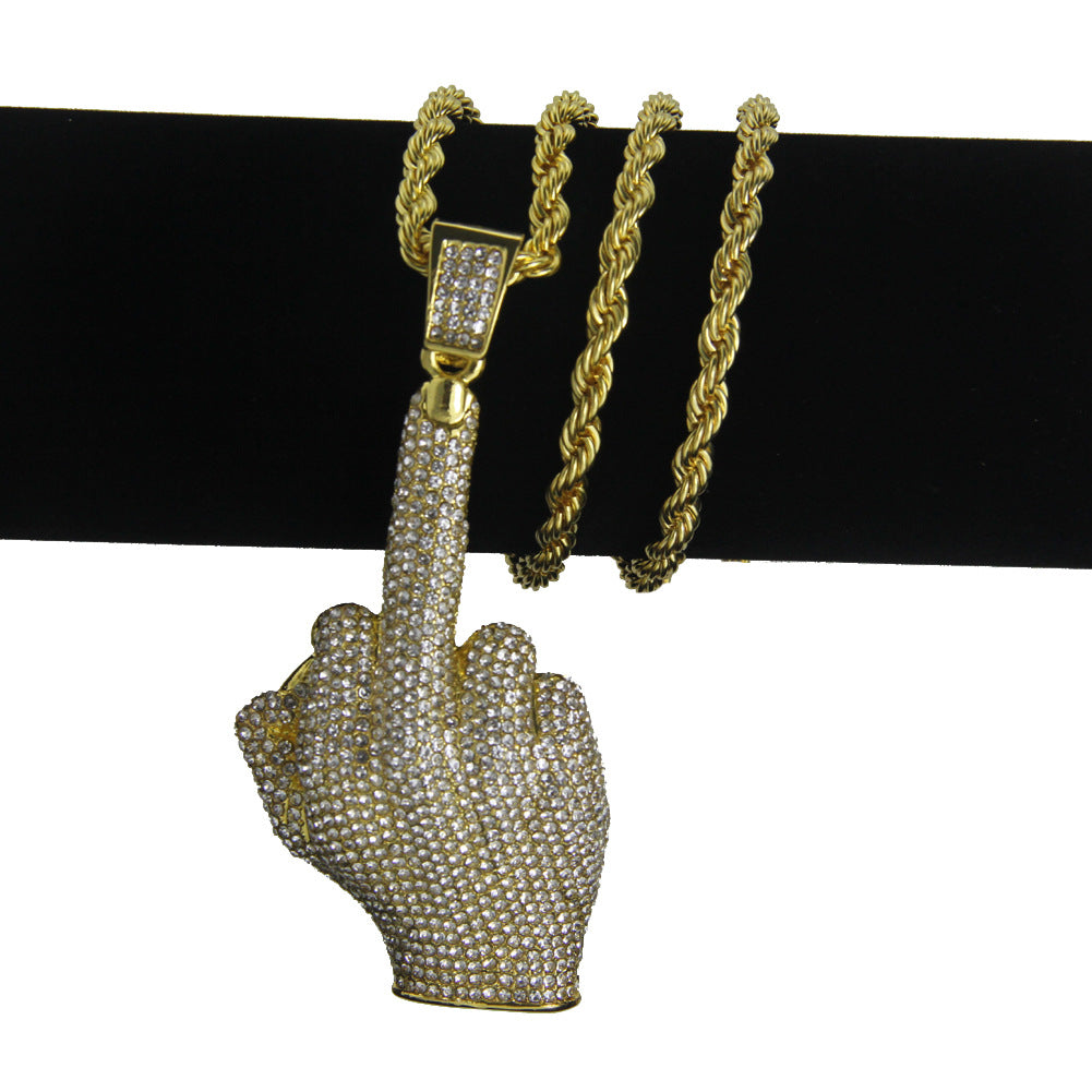 Alloy Diamond Hip Hop Vertical Middle Finger Necklace MYA-ShangH006