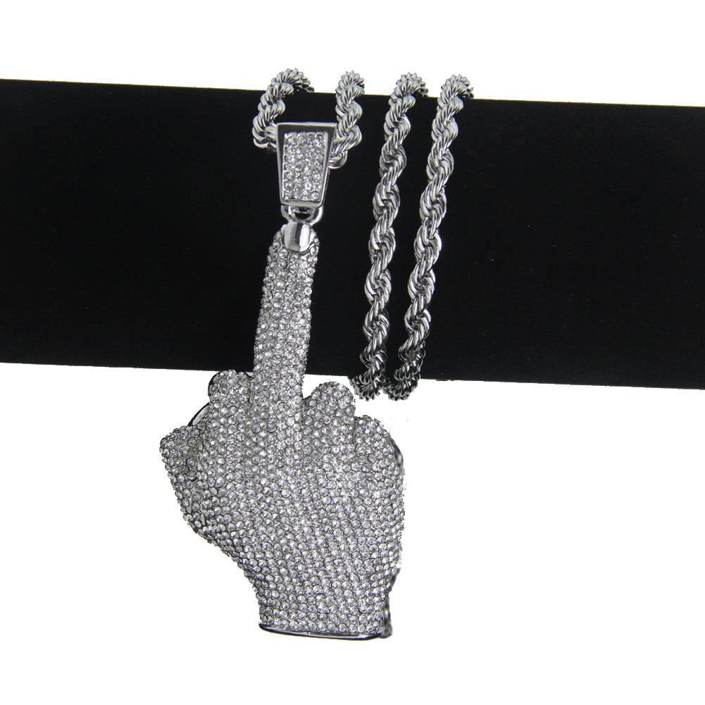 Alloy Diamond Hip Hop Vertical Middle Finger Necklace MYA-ShangH006