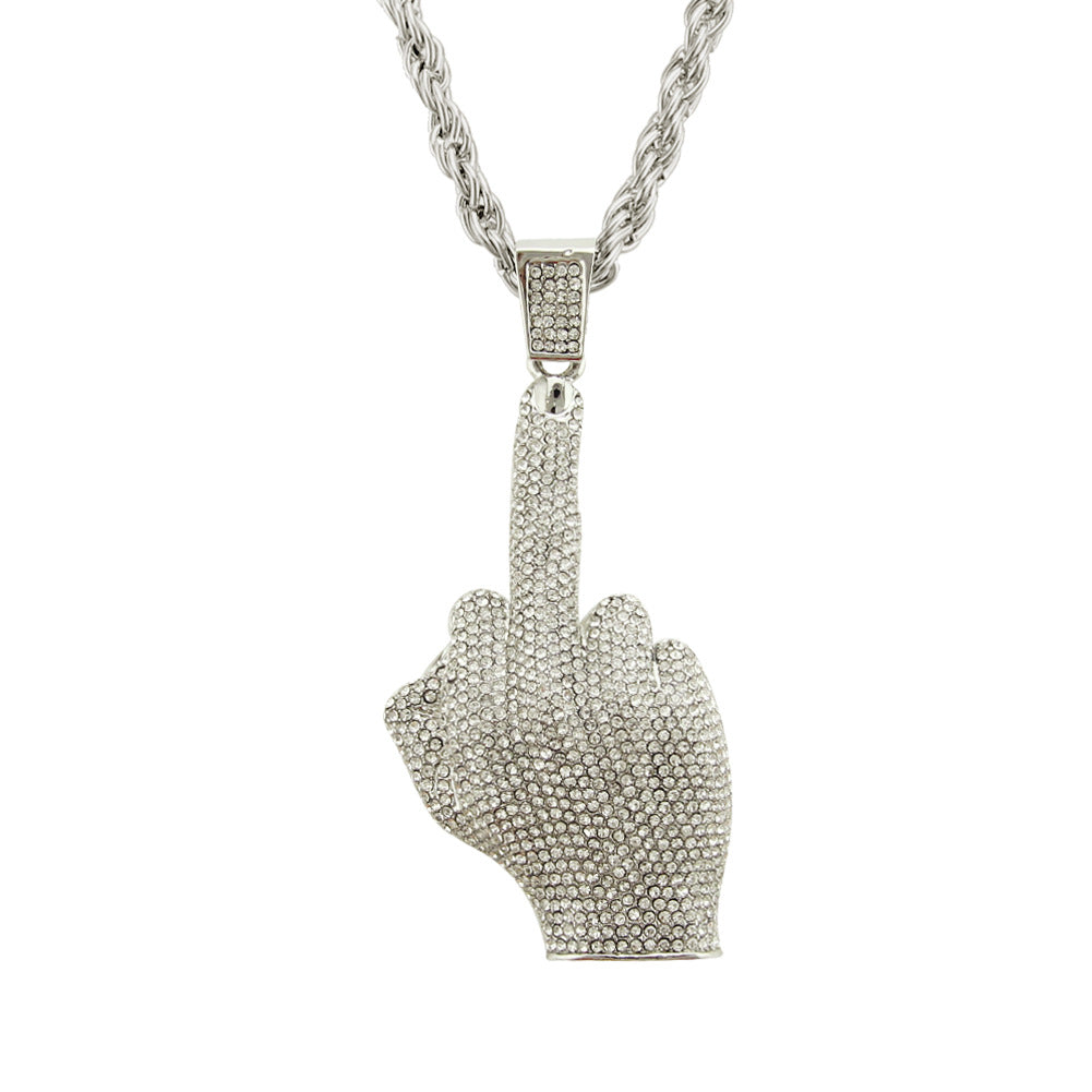 Alloy Diamond Hip Hop Vertical Middle Finger Necklace MYA-ShangH006