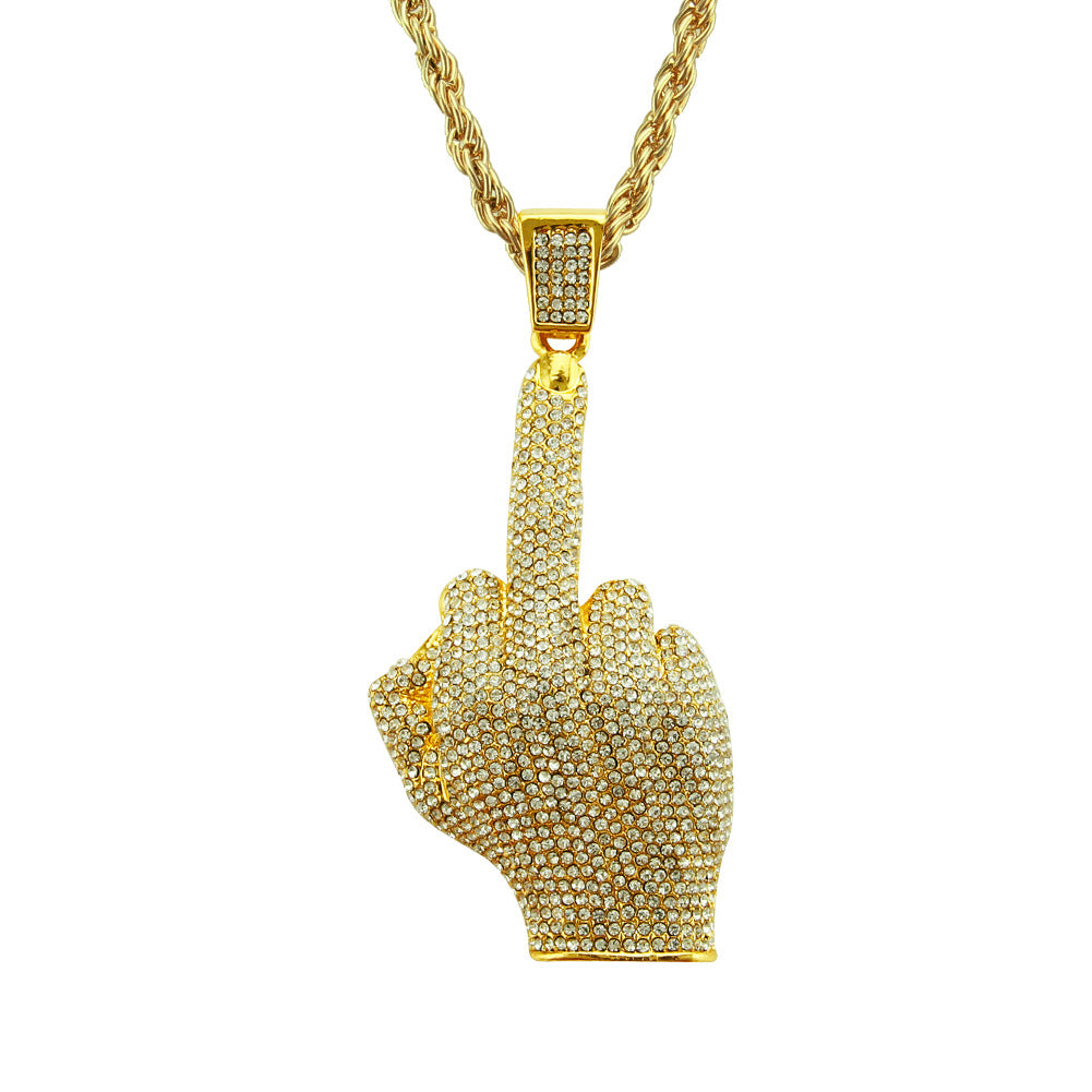 Alloy Diamond Hip Hop Vertical Middle Finger Necklace MYA-ShangH006