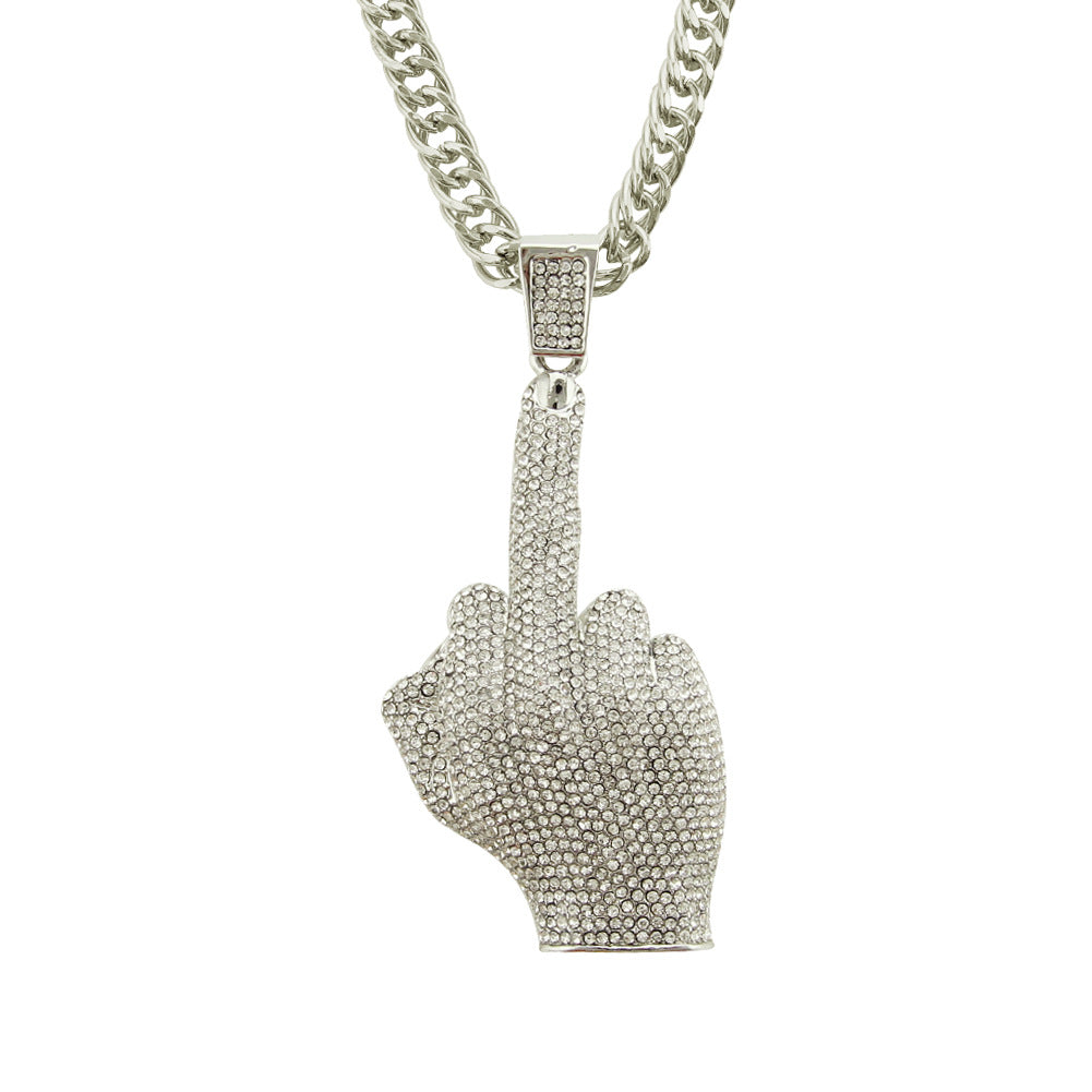 Alloy Diamond Hip Hop Vertical Middle Finger Necklace MYA-ShangH006