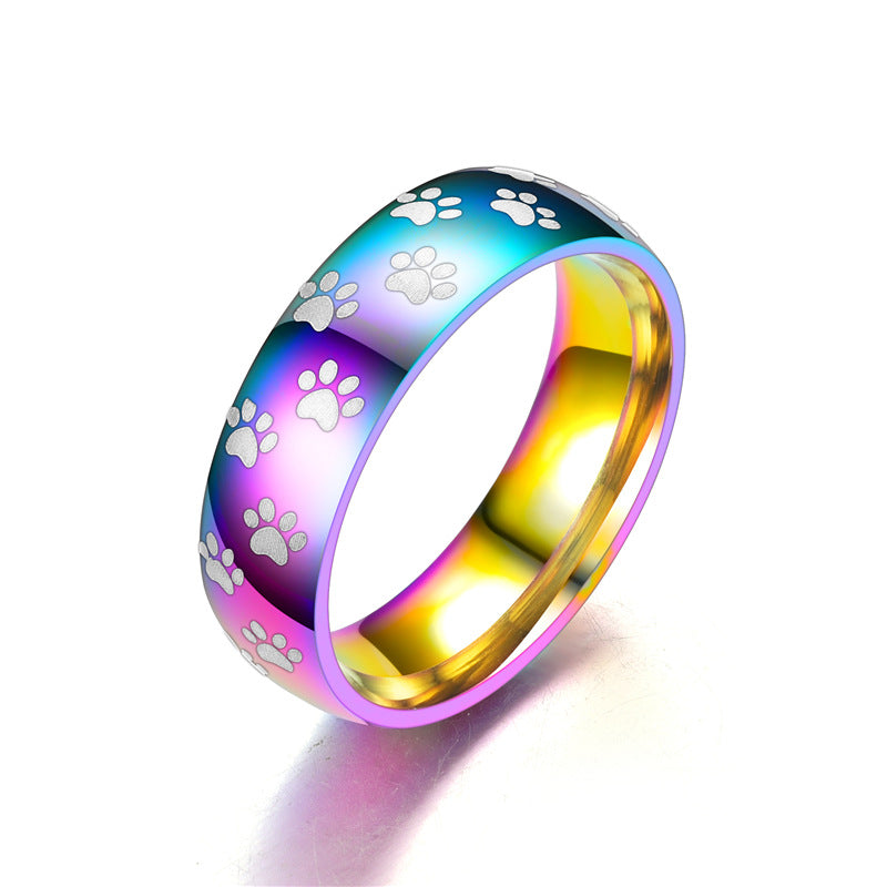 Rings Stainless Steel Colorful Light Rainbow Paw Print TS108