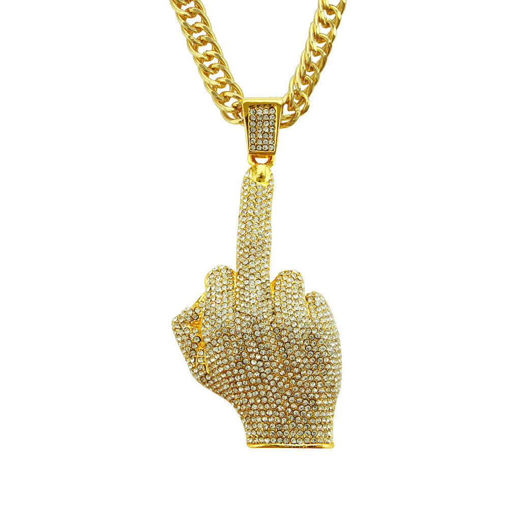 Alloy Diamond Hip Hop Vertical Middle Finger Necklace MYA-ShangH006