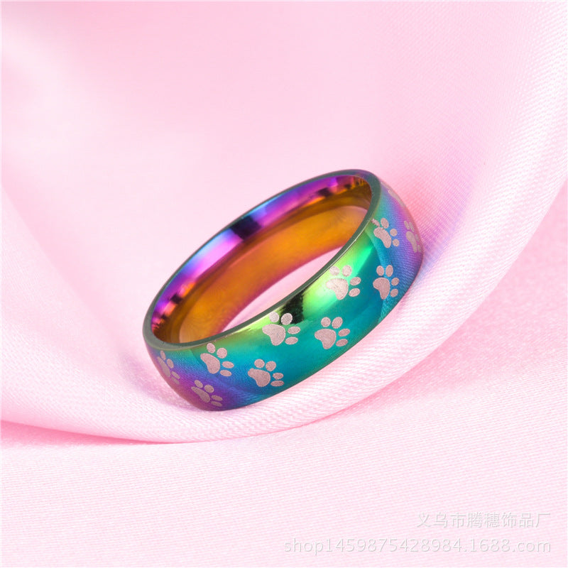 Rings Stainless Steel Colorful Light Rainbow Paw Print TS108