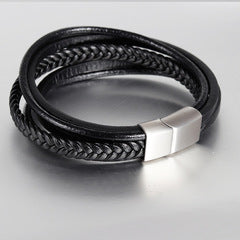 Bracelet Stainless Steel Genuine Leather Woven Multilayer OuSD004