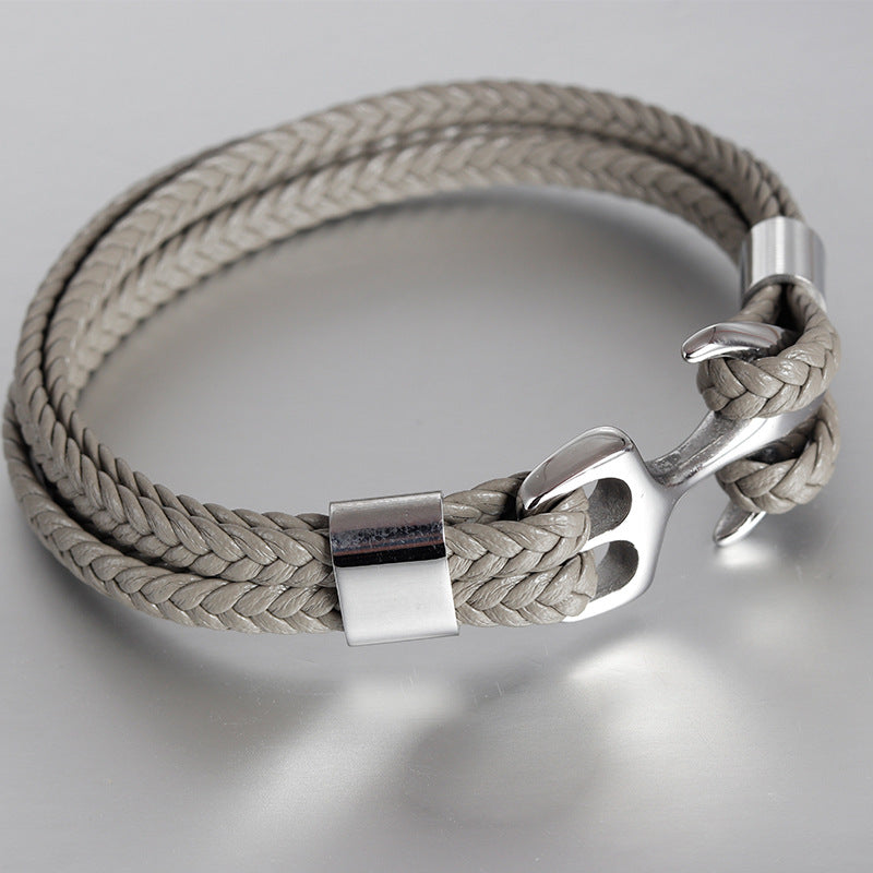 Bracelet Stainless Steel Anchor Genuine Leather Vintage Woven OuSD006