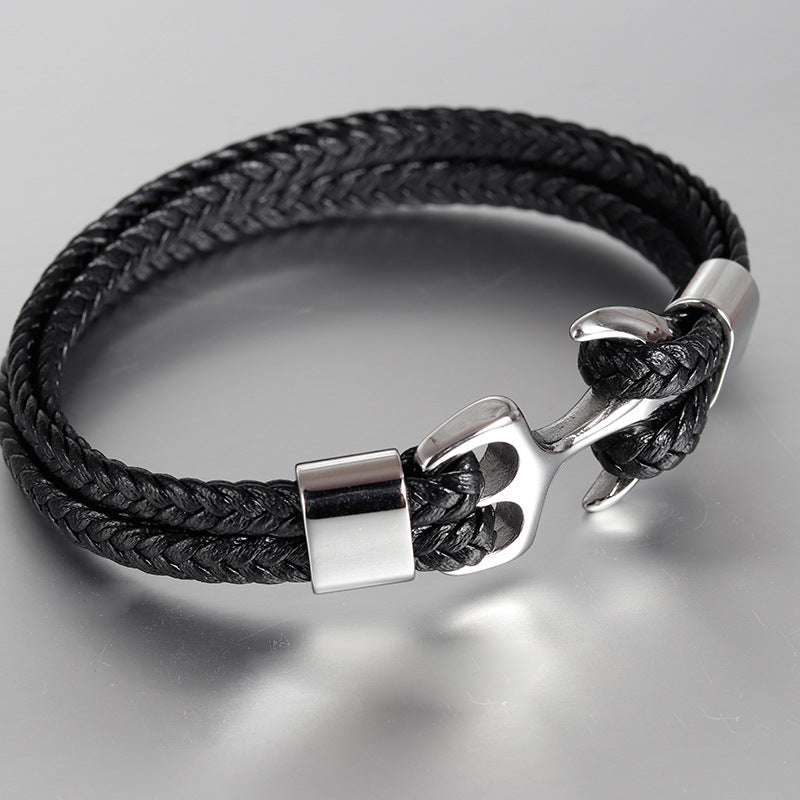 Bracelet Stainless Steel Anchor Genuine Leather Vintage Woven OuSD006