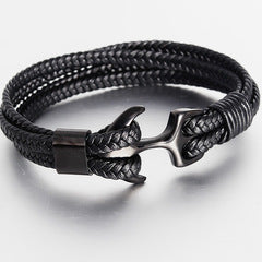 Bracelet Stainless Steel Black Leather Braided Boat Anchor OuSD008