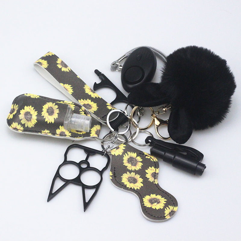 7pcs PU Leather Rabbit Ears Fur Ball Keychain Set MOQ≥2 ChaoH011