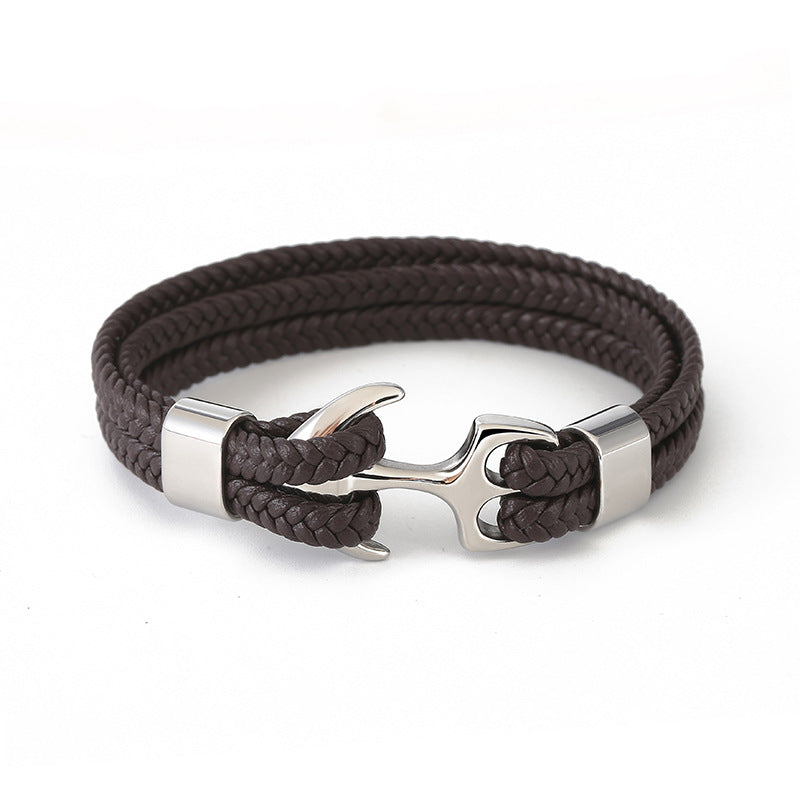 Bracelet Stainless Steel Anchor Genuine Leather Vintage Woven OuSD006