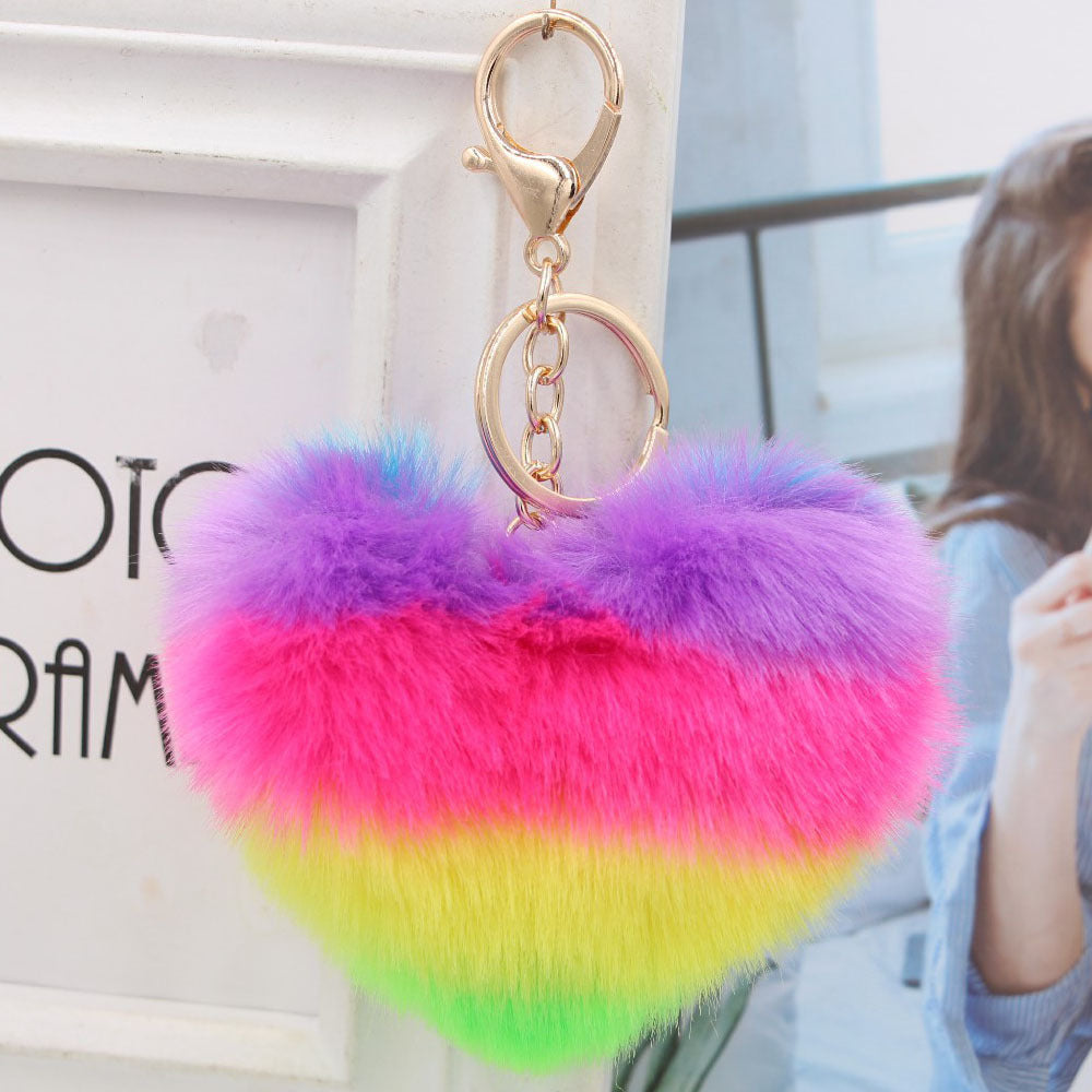 Rainbow Love Hair Ball Imitation Rex Rabbit Fur Keychain MIC-Zuge022