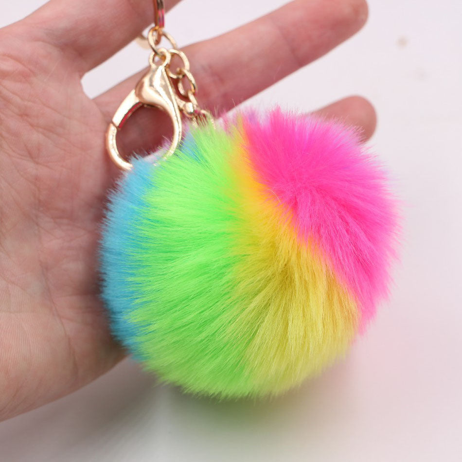 Alloy Faux Hair Rainbow Hair Ball Pom Pom Keychain MIC-Zuge037