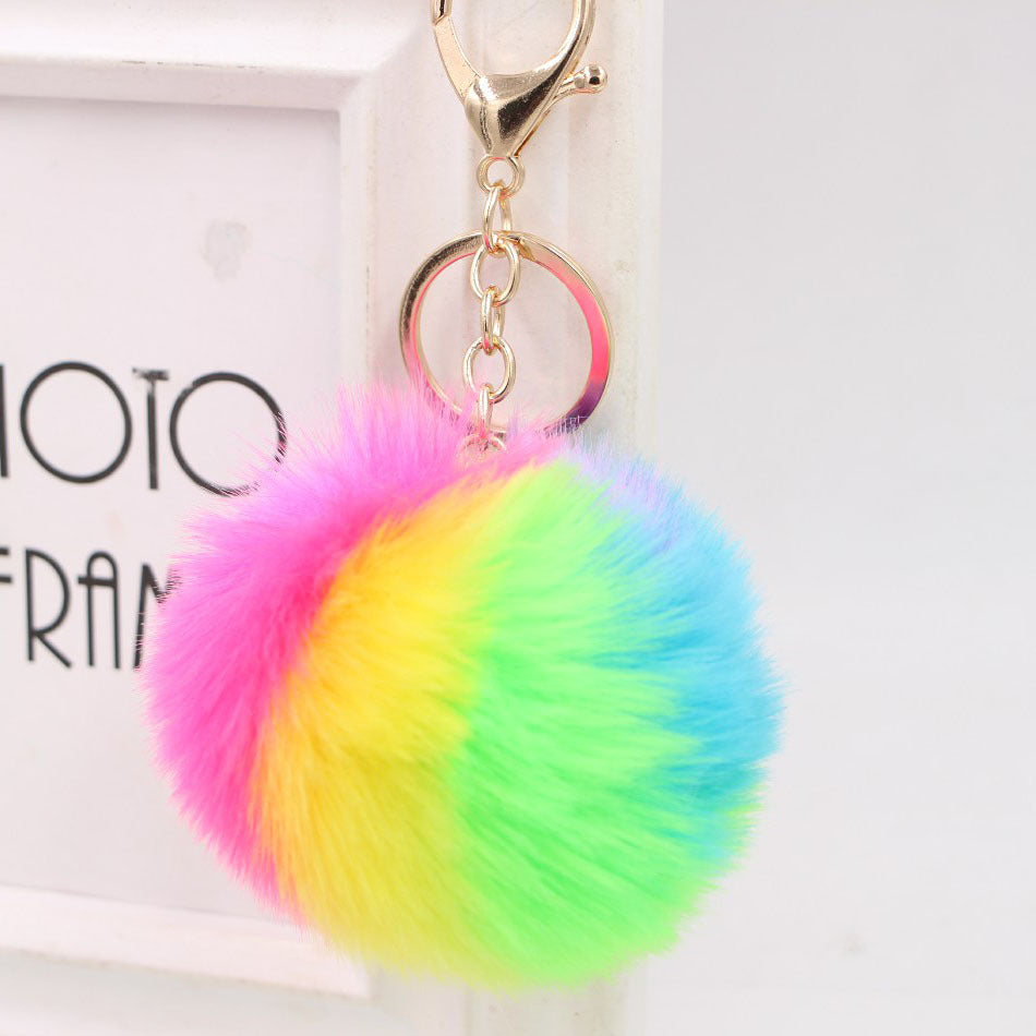 Alloy Faux Hair Rainbow Hair Ball Pom Pom Keychain MIC-Zuge037