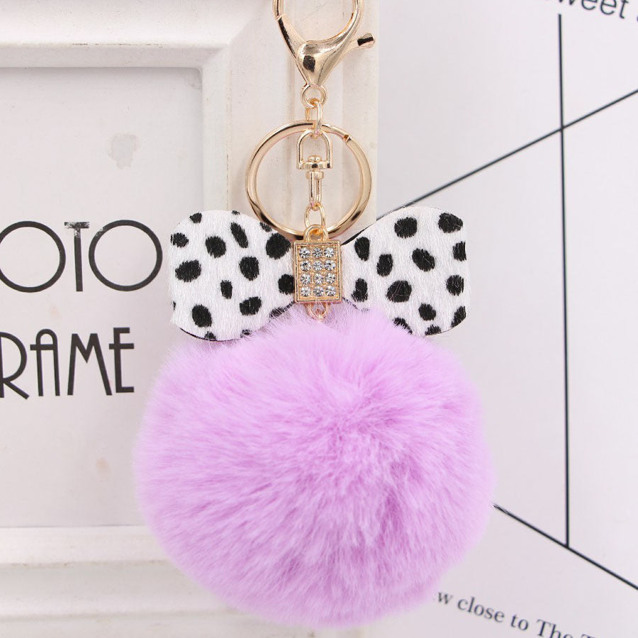 Leopard Print Bow Imitation Rex Rabbit Fur Ball Alloy Pom Pom Keychain MIC-Zuge010