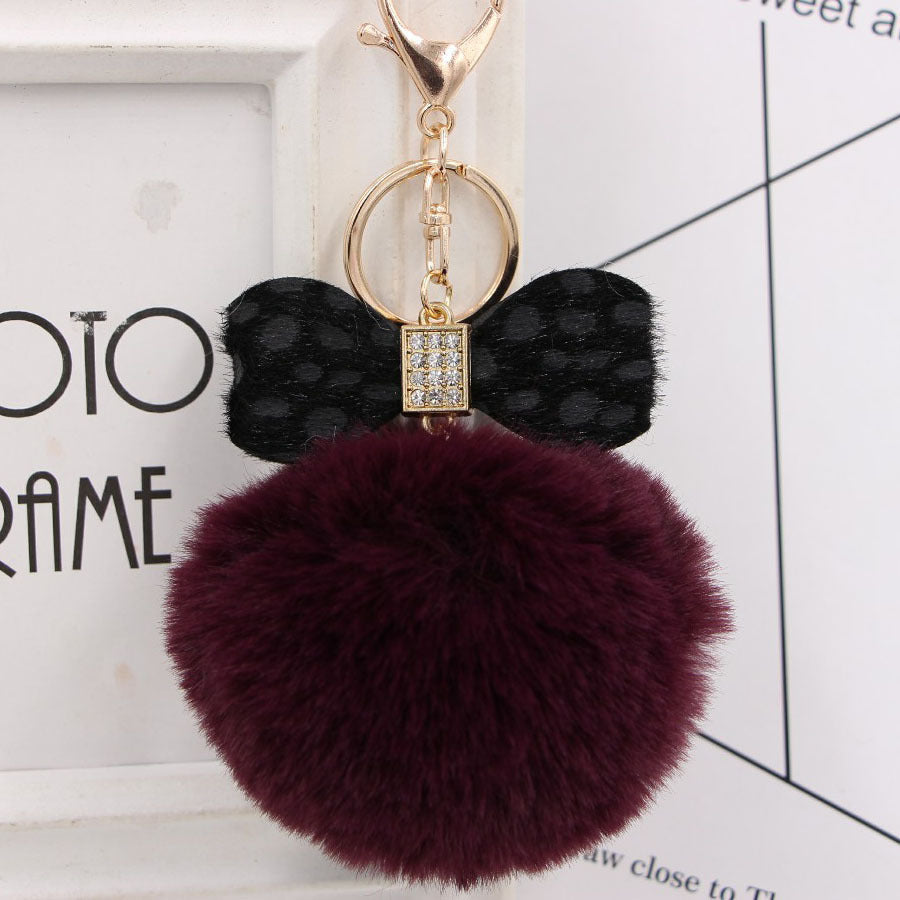 Leopard Print Bow Imitation Rex Rabbit Fur Ball Alloy Pom Pom Keychain MIC-Zuge010