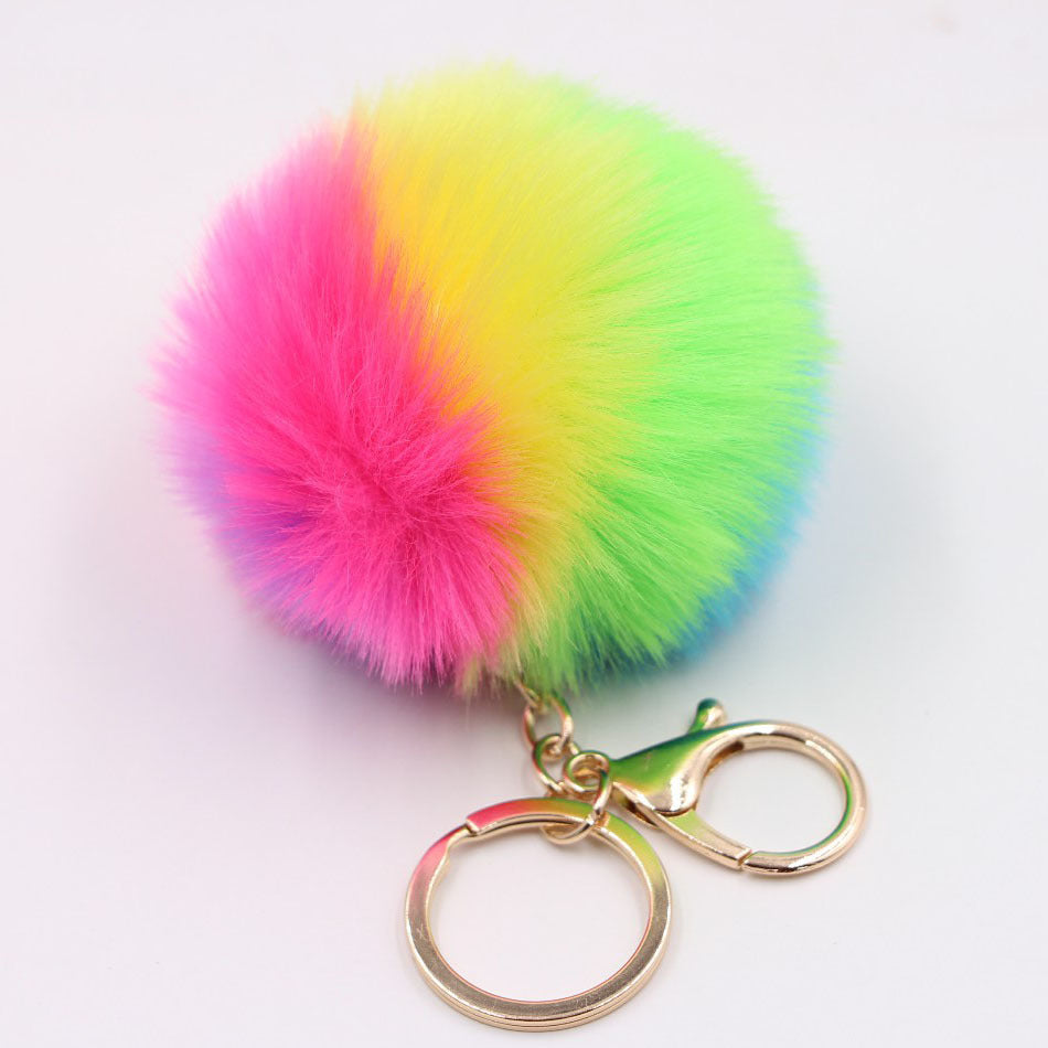 Alloy Faux Hair Rainbow Hair Ball Pom Pom Keychain MIC-Zuge037