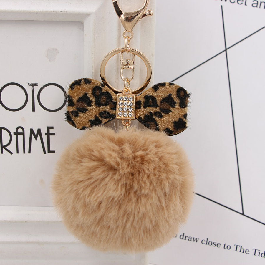 Leopard Print Bow Imitation Rex Rabbit Fur Ball Alloy Pom Pom Keychain MIC-Zuge010