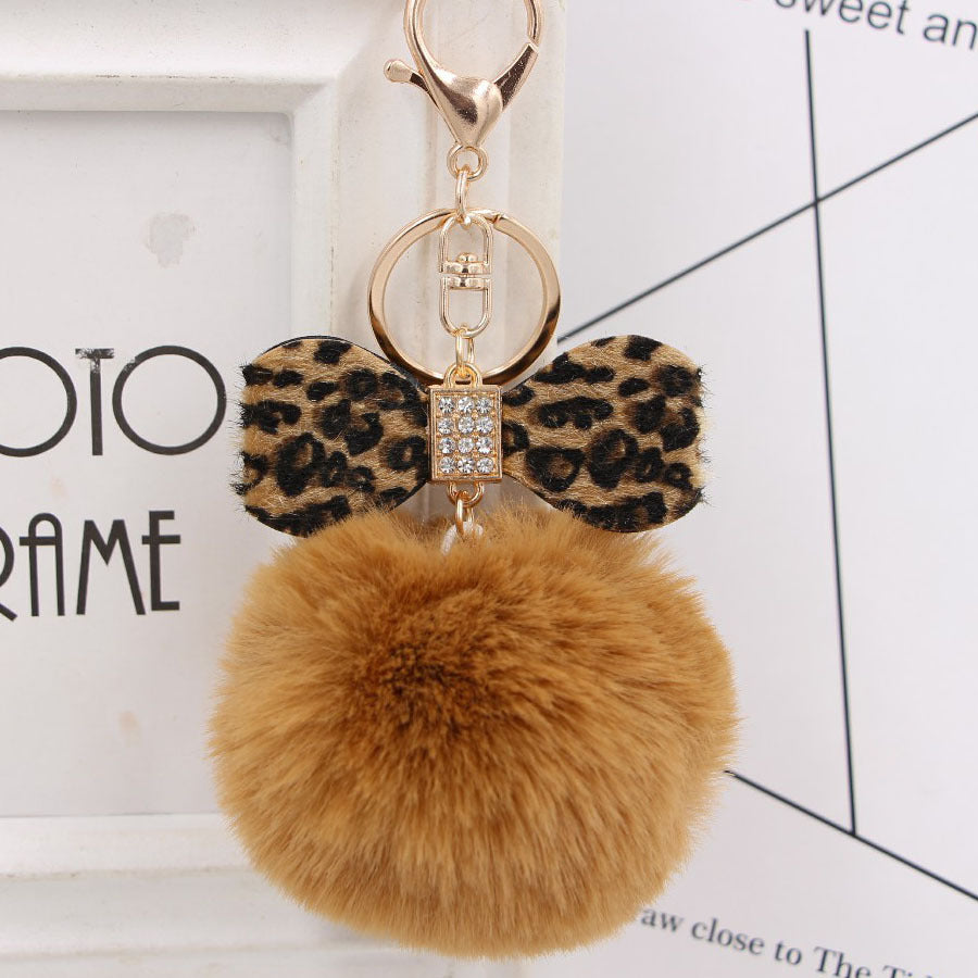 Leopard Print Bow Imitation Rex Rabbit Fur Ball Alloy Pom Pom Keychain MIC-Zuge010